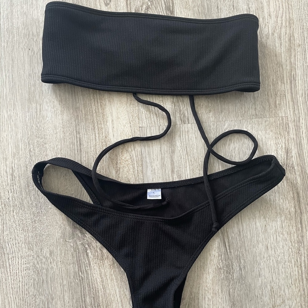 Black two piece bikini, thong bottoms